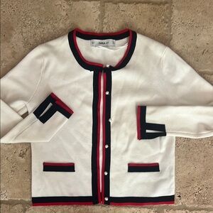Zara White and Black Cardigan Sweater with Contrasting Trim